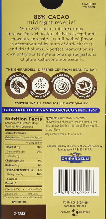 Ghirardelli Intense Dark Midnight Reverie Chocolate Bar 3.17 Ounce (Pack of 12)