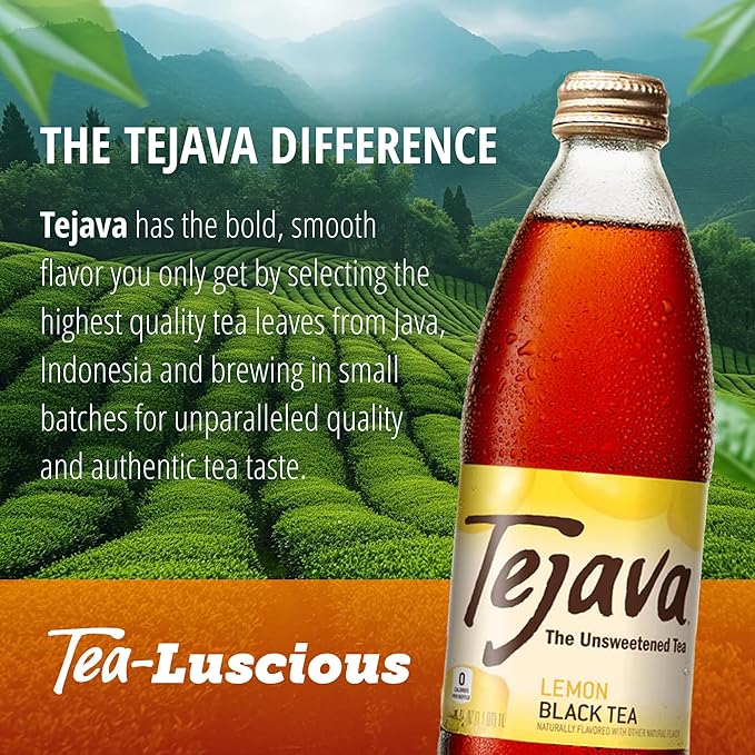 Tejava Lemon Black Iced Tea 24 Pack 12oz Glass Bottles Unsweetened Non-GMO Kosher No Sugar or Sweeteners No calories No Preservatives Brewed in Small Batches