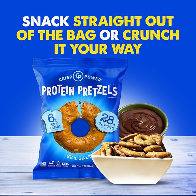 CRISP POWER Protein Pretzels Sea Salt 28G Protein High Protein Snack High Fiber Low Carb Crunchy Pretzel Snacks No Added Sugar 1.75 oz Bags 6 Pack Vegan Keto