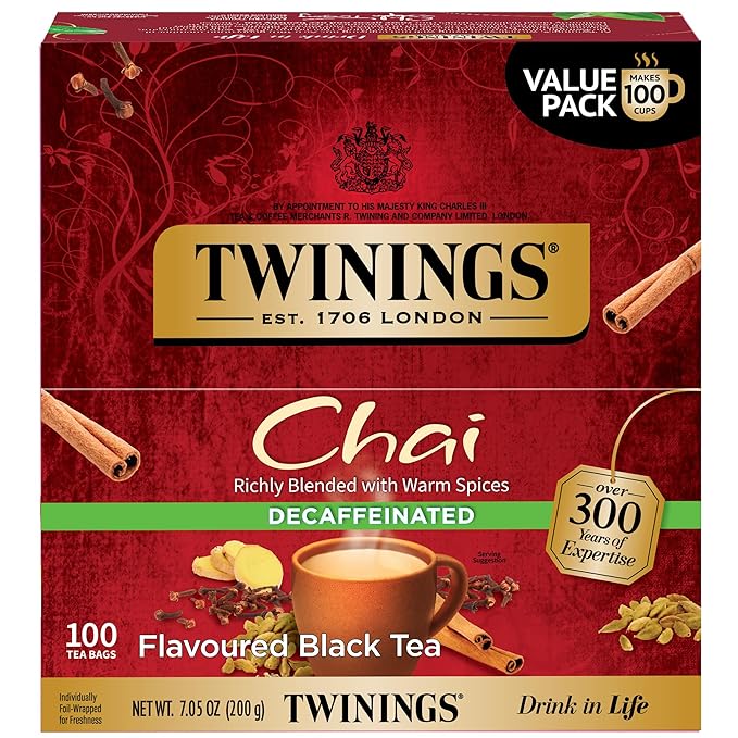 Twinings Decaffeinated Chai Individually Wrapped Bags 100 Count (Pack of 1) Sweet Savoury Spices Enjoy Hot or Iced 100 Teabags
