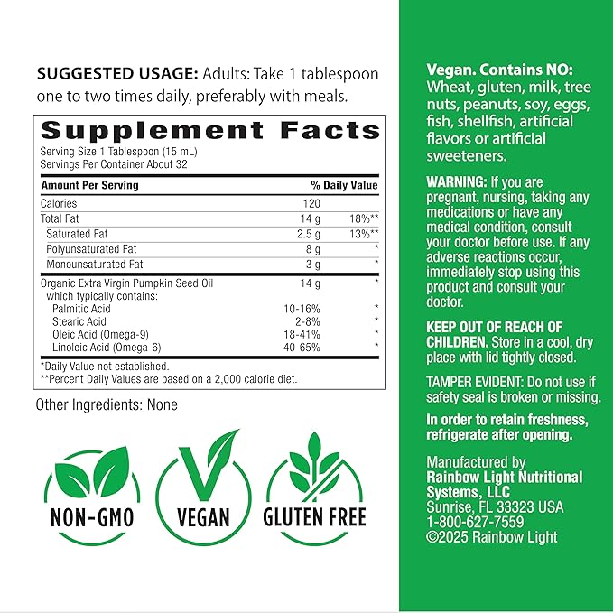 Rainbow Light Organic Extra Virgin Pumpkin Seed Oil | 16 Fl Oz | Cold Pressed Liquid Extract | Potent Source of Omega 6 and 9 Fatty Acids | Non-GMO and Gluten Free Supplement