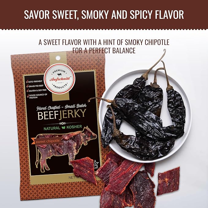 Aufschnitt Grass Fed Beef Jerky - Low Sodium Certified Kosher - Made in USA - Keto Friendly - 12 Pack Sweet Chipotle