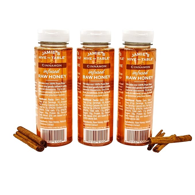 Jamie's Hive to Table- Cinnamon Raw Honey 100% Pure Local Hive Honey Flavored Honey in (3) 12-oz. Honey Squeeze Bottle -Infused Honey Set