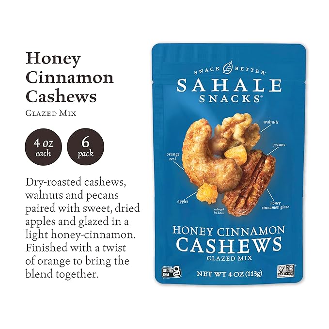 Sahale Snacks Honey Cinnamon Cashews Glazed Mix 4 Ounce (Pack of 6)
