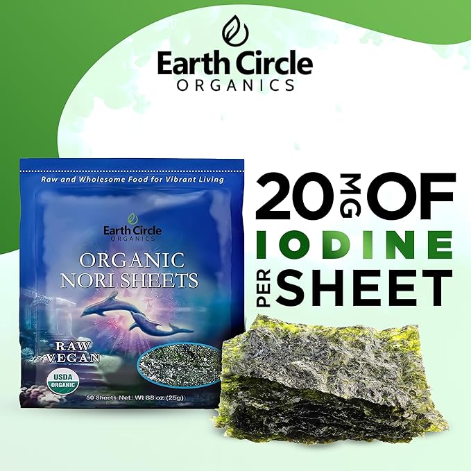 Earth Circle Organics | Organic Nori Seaweed Sheets - Raw Unheated &amp Not Roasted | Grade A Certified | Vegan Paleo Keto Friendly | Premium Nori for Sushi Rolls &amp Wraps (50 Sheet)