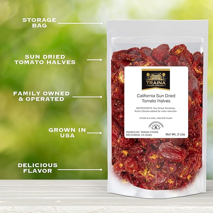 Traina Home Grown California Sun Dried Tomato Halves - Healthy Non GMO Gluten Free Kosher Certified Packed in Resealable Bag (2 lbs)