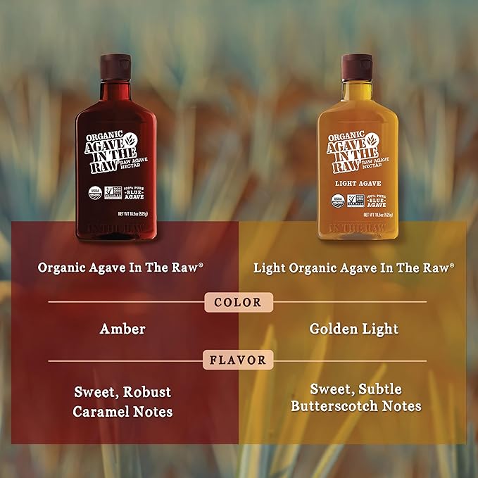 In the Raw Organic Blue Agave Syrup Bundle – Amber + Light Agave Nectar Low-Glycemic Sweetener Maple Syrup and Honey Alternatives 18.5 Oz Ea