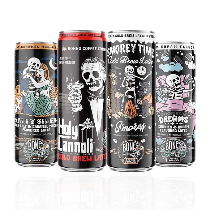 Bones Coffee Company Variety Pack Flavored Coffee S'morey Time Salty Siren Holy Cannoli and Cookies N' Dreams Ready To Drink Latte Coffee in Can | Variety Flavors in Cans | 11 Fl Oz Can (12 Pack)