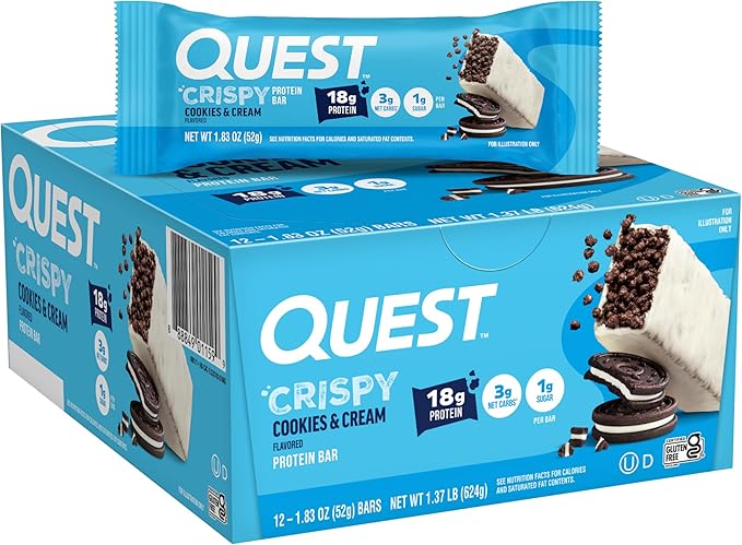 Quest Nutrition Crispy Cookies &amp Cream Hero Protein Bar 18g Protein 1g Sugar 3g Net Carb Gluten Free Protein Snack Keto Friendly 12 Count