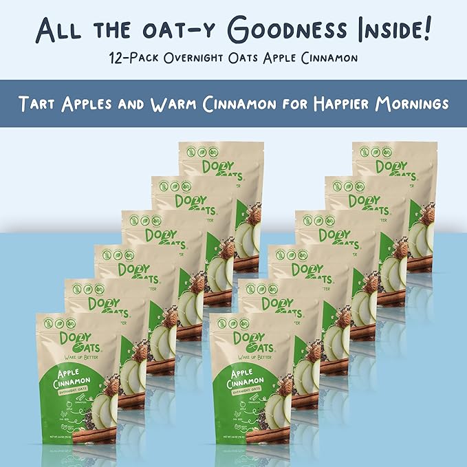 Dozy Oats Overnight Oatmeal Packets Apple Cinnamon Multipack with Rolled Oats Chia Seeds Date Powder and Dried Fruit. Gluten-Free Natural Source of Protein and Fiber 12-Pack