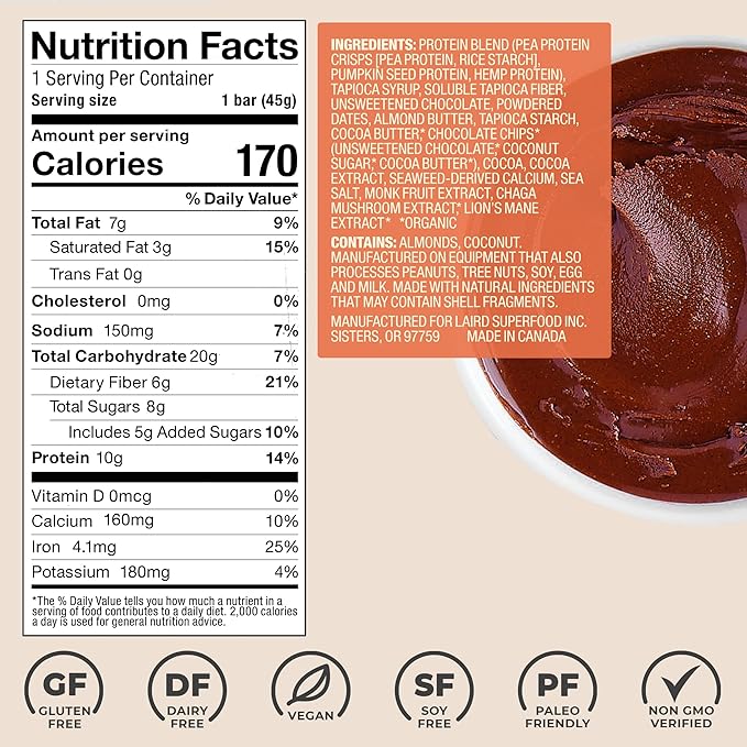 Laird Superfood Functional Protein Bars – Protein Bar but Better with Real Ingredients Functional Mushrooms 10g Plant-Based Protein 6g Fiber - Non-GMO - Dark Chocolate Sea Salt 10 Count (Pack of 1)