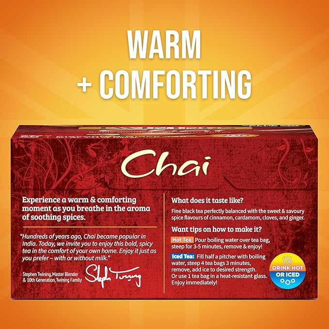 Twinings Chai Black Tea Individually Wrapped Bags 50 Count (Pack of 6) Sweet Savoury Spices Caffeinated Enjoy Hot or Iced 300 Teabags