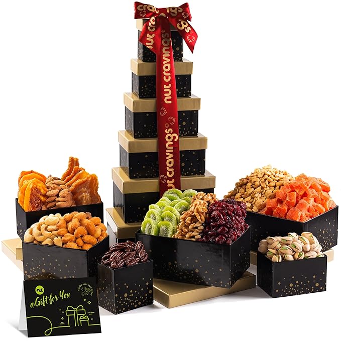 NUT CRAVINGS - Easter Dried Fruit &amp Mixed Nuts Gift Basket Black Tower + Heart Ribbon (12 Assortments) Ramadan Gifts Food Arrangement Healthy Snack Care Package Kosher