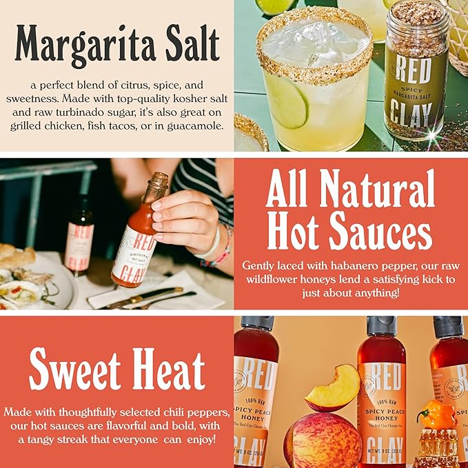 Red Clay Hot Sauce &amp Hot Honey Whole Shebang Variety Pack (Original Carolina Hot Verde Hot Honey and Southern Honey) Cold-Pressed Fermented and Barrel-Aged Hot Sauces 100% Raw Honey 5 Coun