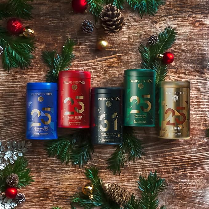 Palais des Thés - N°25 Holiday Collection Miniatures Box Gift Set - Assortment of Black Green Herbal and Rooibos Teas - Variety Pack of 4 Premium Loose Leaf 3.5oz Tin