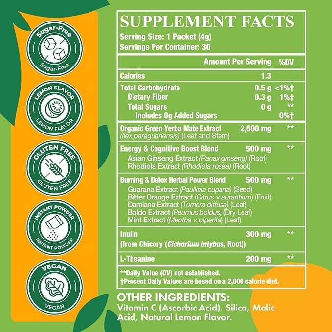 Yerba Mate 4000mg 10 in 1 Super Yerba Mate Tea Instant Powder - No Sugar Clean Energy with No Crash Stay Refreshed and Focused Gut Health with Ginseng Rhodiola Prebiotic L-Theanine 30 Packets