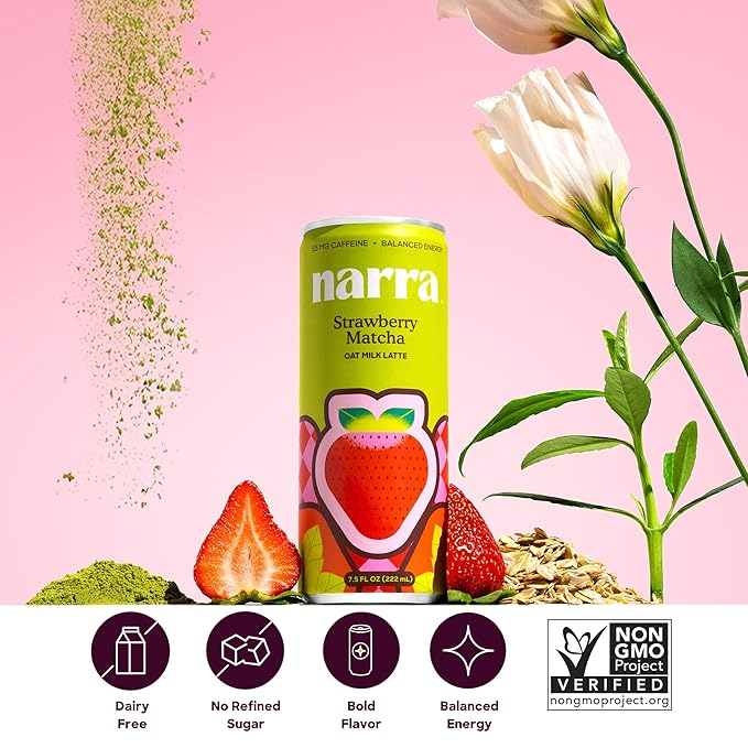 Narra Oat Milk Tea Latte (12 Pack) - Strawberry Matcha Latte Organic Ceremonial Grade Matcha Smooth Balanced Energy from Tea (50–60mg Caffeine + L-Theanine) MCT Oil Dairy Free No Refined Sugar