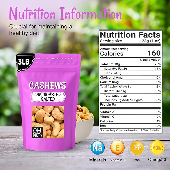 Oh! Nuts Cashews Roasted Salted - 3 lb - Oven Dry Roasted Cashews - Packed in New York Zip-Seal Bag for Exceptional Freshness