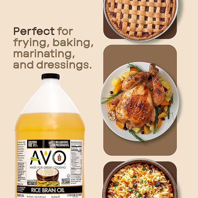 AVO Rice Bran Oil for Cooking or Frying 1 Gallon NON-GMO No Preservatives High Smoke Point 490°F Rice Oil