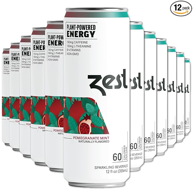 Zest Clean Energy Drink – Pomegranate Mint – 150mg Caffeine + 100mg L-Theanine – Natural Focus &amp Concentration Boost – Healthy Energy Drink 12oz Can 12 Pack – Low Sugar No Artificial Sweeteners