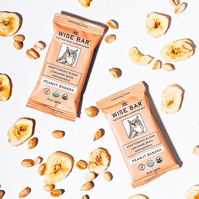 Wise Bar Adaptogen Mushroom Nutrition Bars with Reishi Lions Mane &amp Ashwagandha Organic Vegan &amp Gluten Free Snacks for Natural Focus Energy &amp Immunity Support Peanut Butter Banana 12