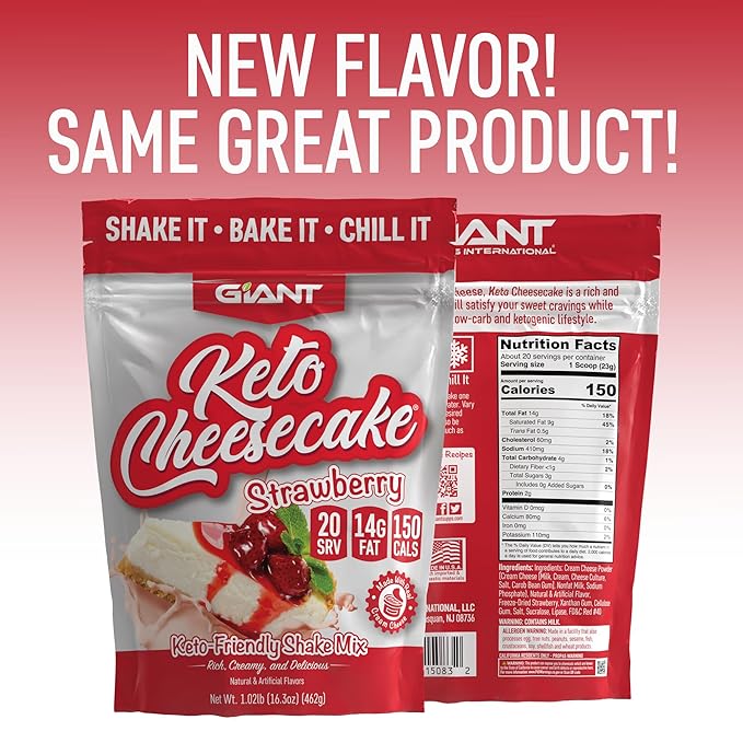 Giant Sports Keto Cheesecake Shake Mix - Delicious Low Carb Ketogenic Diet Gluten Free Powder Mix - Works Great with Almond Milk - Strawberry (20 Serving Bag)