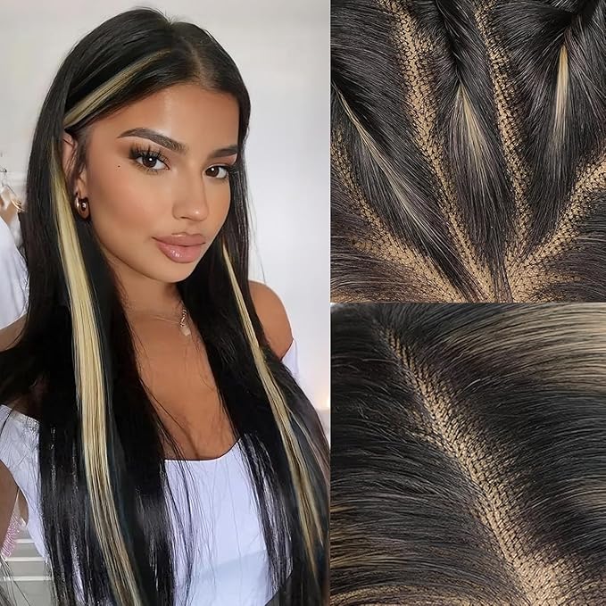 Highlight Blonde Wig 13x6 Lace Frontal Stripe Wig Natural Black with 27 Honey Blonde Color Highlight Straight Hair Lace Front Wigs 28 Inch