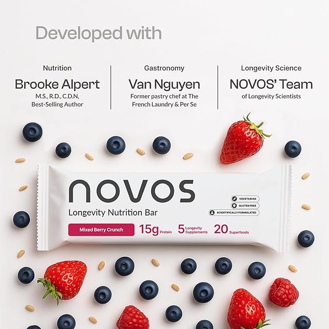 Novos Longevity Protein Bar | 15g Protein 20 Superfoods 5 Longevity Ingredients for Men &amp Women | Supports Skin Mind &amp Mood | Mixed Berry Crunch (12-Pack)