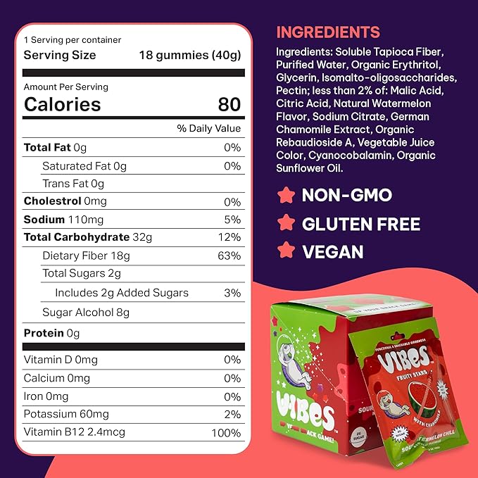 VIBES Sour Watermelon Chill Fruity Stars - Delicious Low Calorie Gluten-Free Bulk Fruit Snacks - High Fiber Healthy Fruit Snacks -2g Sugar - 6 Packs of 18 Fruit Gummies - Snack of the Slopes