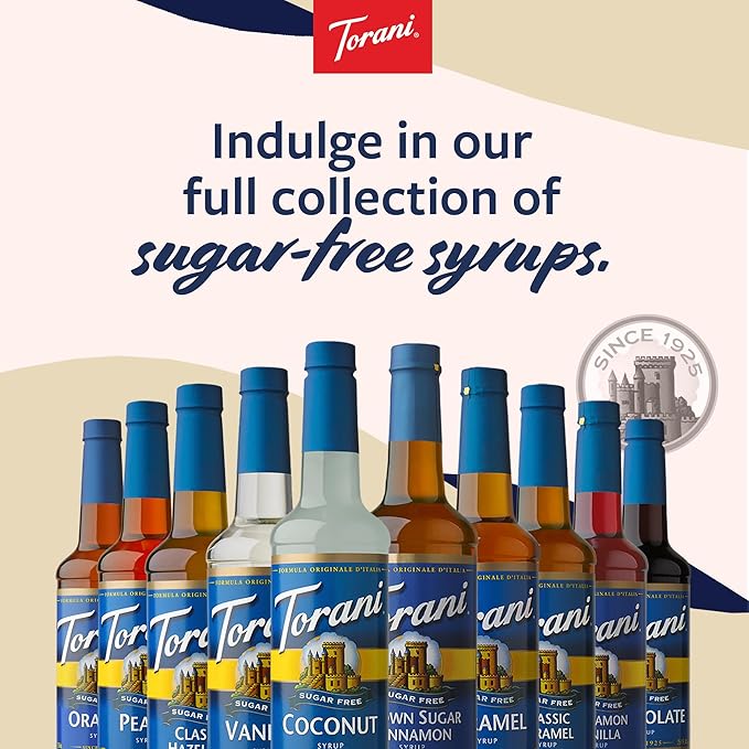 Torani Sugar Free Syrup Variety 3-Pack Peach Coconut and Raspberry Syrup for Drinks Zero Calories Pumps Included 25.4 Fl Oz Ea