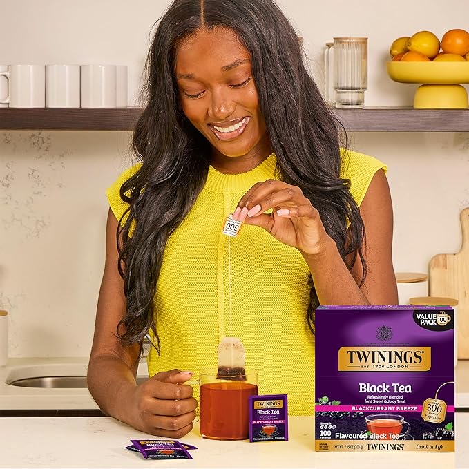 Twinings Blackcurrant Breeze Black Tea Individually Wrapped Bags 100 Count (Pack of 1) Sweet Tangy Taste Caffeinated Enjoy Hot or Iced 100 Teabags