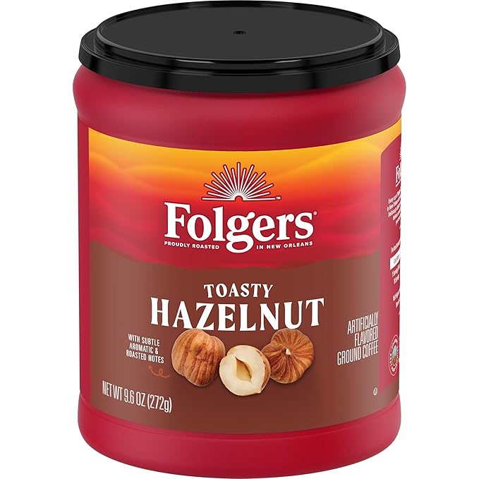 Folgers Toasty Hazelnut Flavored Ground Coffee Medium Roast 9.6 Ounce Canister (Pack of 6)