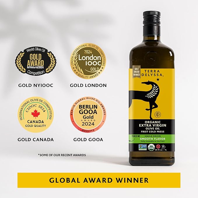 Terra Delyssa First Cold Pressed Organic Extra Virgin Olive Oil Single Sourced 1 L (34 fl. oz) Dark Glass Bottle - 1 Pack Non-GMO Naturally Rich in Antioxidants and Polyphenols