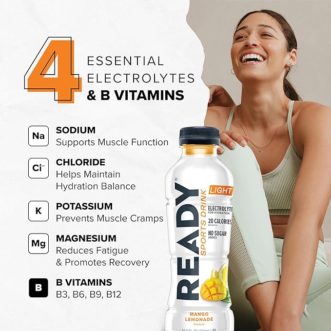 Ready® Sports Drink Light – The Ultimate Low-Calorie Hydration Drink with 4 Different Electrolytes – No Added Sugars – Naturally Sweetened &amp Flavored – Mango Lemonade16.9 oz (12-Pack)