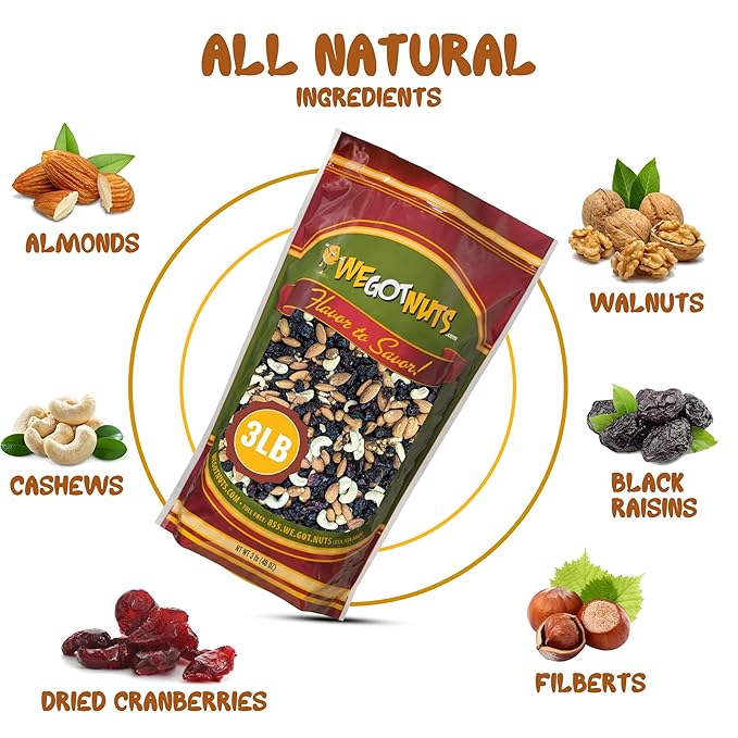 We Got Nuts Trail Mix Premium Blend with Almonds Cashews Cranberries RaisinsFilberts and Walnuts Kosher Certified 3 lb Resealable Bag