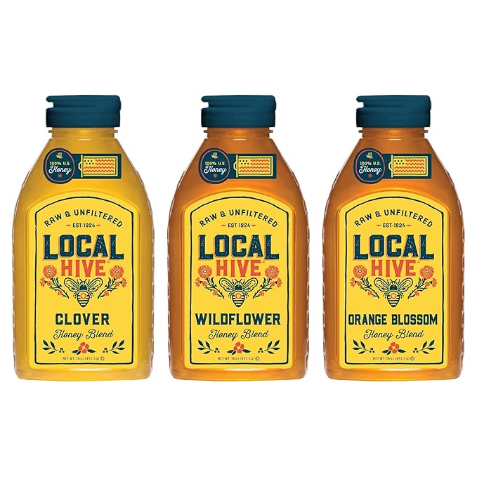 Local Hive Raw &amp Unfiltered Honey 3-Flavor Variety Pack – Clover Wildflower &amp Orange Blossom (16 oz Each) | 100% Pure U.S. Honey | Premium American Floral Blend Collection