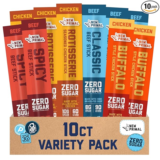 New Primal Meat Sticks Sampler Grass-Fed Beef All Natural Chicken Keto &amp Gluten Free Healthy Snacks for Adults Sugar Free Low Carb High Protein Snack Jerky Gift Box Variety Pack 10 Count