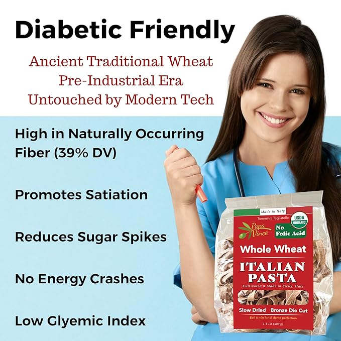 Papa Vince Organic Diabetic Friendly Pasta: Low GI Organic Whole Wheat Italian Pasta Made in Italy from Ancient Heirloom Grain. High Fiber Slow Carb Slow Dried Bronze Cut Non Enriched (Tagliatelle