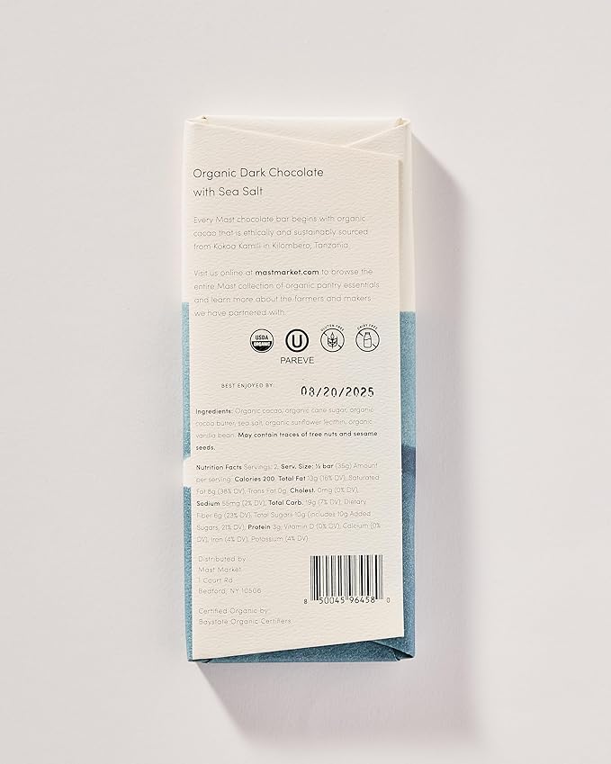 Mast Chocolate Bars | 6 pack | Organic Kosher | Classic 2.5oz each (6 Bars Organic Dark Chocolate with Sea Salt)