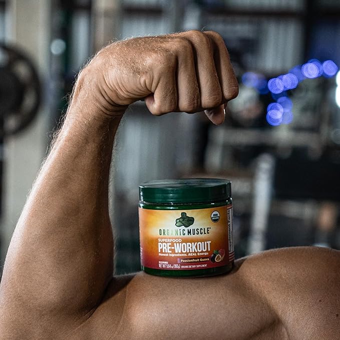 Organic Muscle Organic Pre Workout Powder Passionfruit Guava — USDA Organic Superfood Blend | Maca Beet Root Cordyceps Rhodiola | 150mg Natural Caffeine Vegan No Jitters 20 Servings