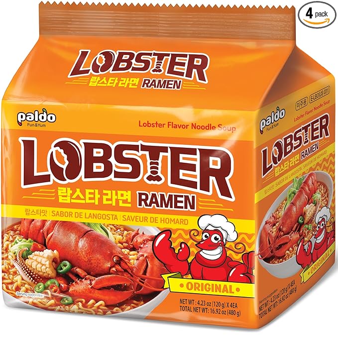 Paldo Fun &amp Yum Lobster Flavored Noodle Soup Original Seafood Broth Oriental Style Korean Ramyun K-Food 120g 4.23oz (4.23 Ounce (Pack of 8) Lobster)