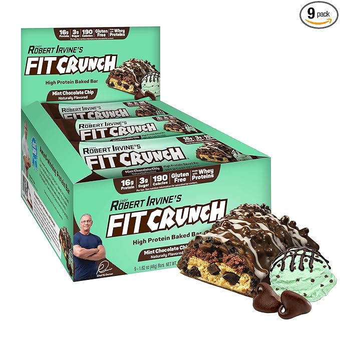 FITCRUNCH Snack Size Protein Bars 6-Layer Baked Bar 3g of Sugar Gluten Free &amp Soft Cake Core (9 Bars Mint Chocolate Chip)