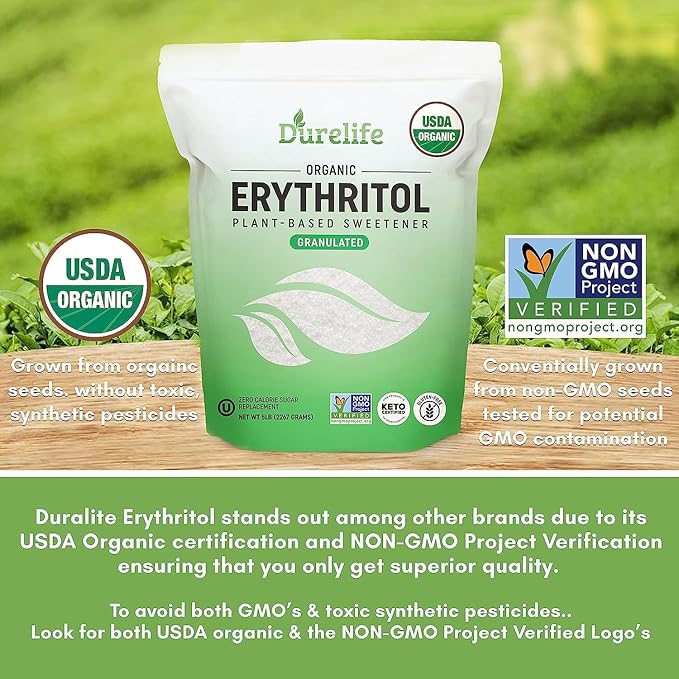 Durelife USDA organic erythritol sweetener non gmo verified Keto certified No After Taste Kosher Zero Calorie Plant-Based Sugar Alternative 5 LB