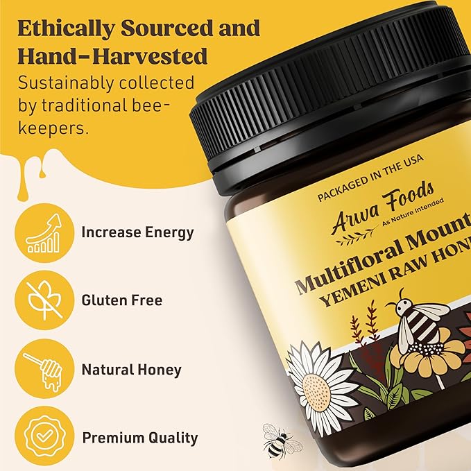 Arwa Foods Multifloral Mountain Yemeni Raw Honey - Royal Yemeni Raw honey from Wadi of Douan - Sealed &amp Packaged in USA - 100% Unfiltered Raw &amp Pure Honey (8.82 oz)