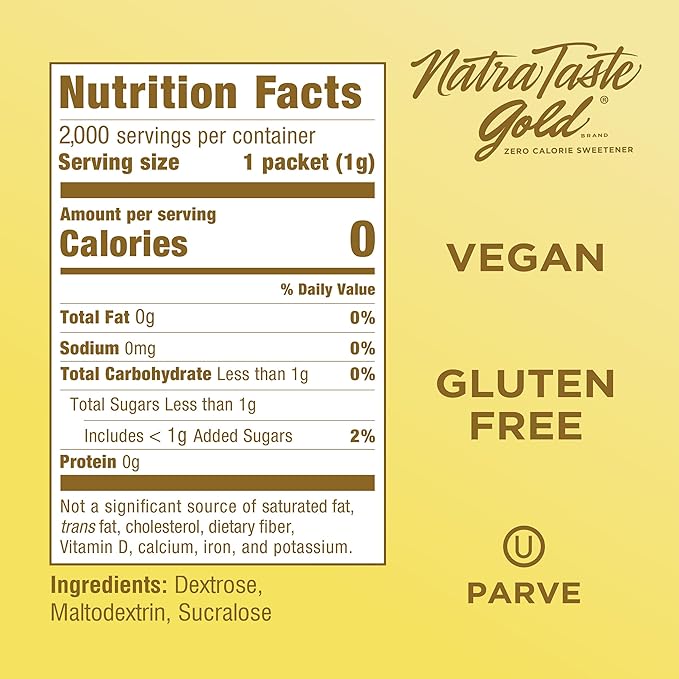 NatraTaste Gold Zero Calorie Sucralose Sweetener Packets 2000 Ct. Gluten Free Vegan Sugar Substitute for Hot and Cold Drinks Coffee Iced Tea Baking and More