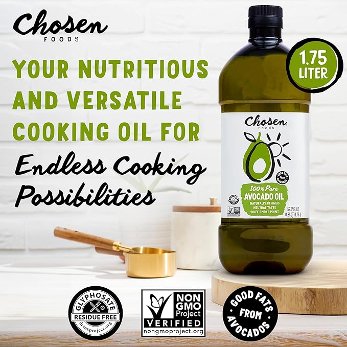Chosen Foods 100% Pure Avocado Oil for Cooking - 1.75L - Made With Good Fats from Avocados Naturally Refined Never Adulterated High Smoke Point Non-GMO Soy-Free Canola Oil-Free Gluten-Free Ket