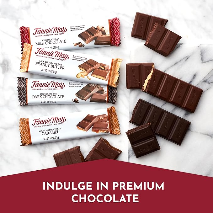 Fannie May 12 Chocolate Candy Bars Milk Chocolate Caramel Peanut Butter and Dark Chocolate Variety Pack 1.8 oz Each