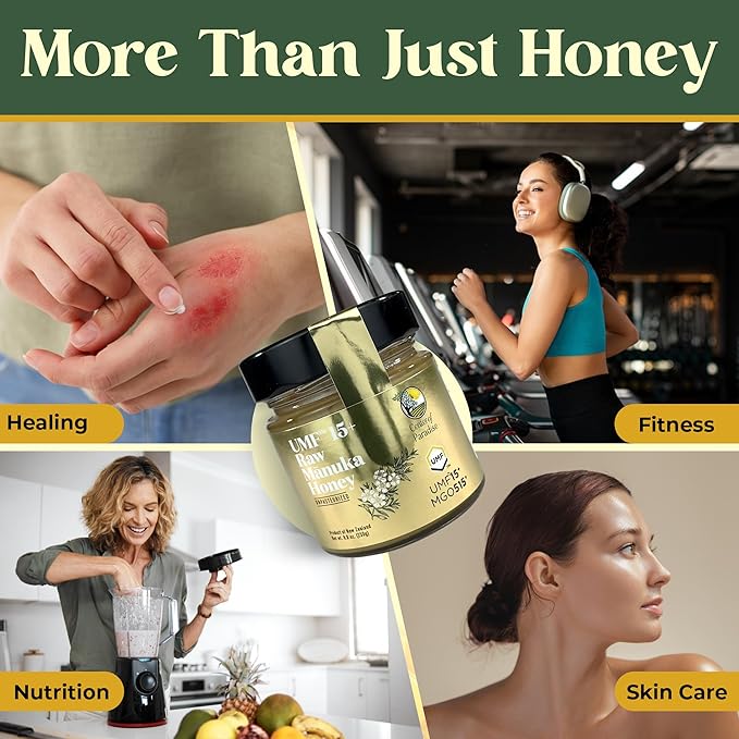 Center of Paradise Raw Manuka Honey Certified UMF 15+ | MGO 515+ (250g / 8.8oz) Glass Jar - Pure &amp Natural New Zealand Honey for Daily Immune Support and Wellness - Non GMO &amp Unpasteurized