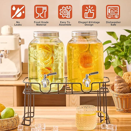 1 Gallon Glass Drink Dispensers for Parties 2PACK Beverage Dispenser with Stand Fruit Infuser and Stainless Steel Spigot 100% Leakproof Beverage Dispenser for Lemonade Sun Tea