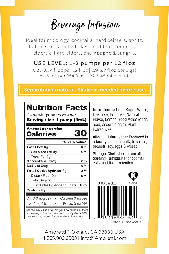 Amoretti - Lemon Beverage Infusion 94 Servings Per Bottle (750 ml) - Drink Mix &amp Water Enhancer with Pump for Flavoring Cocktails Waters Teas and other Beverages Preservative Free